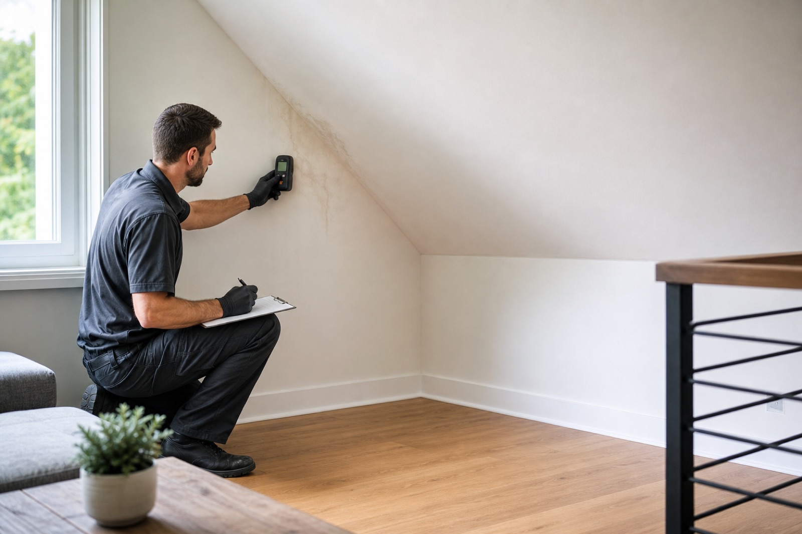 Technician checking a moisture-stained wall in a Greenville home